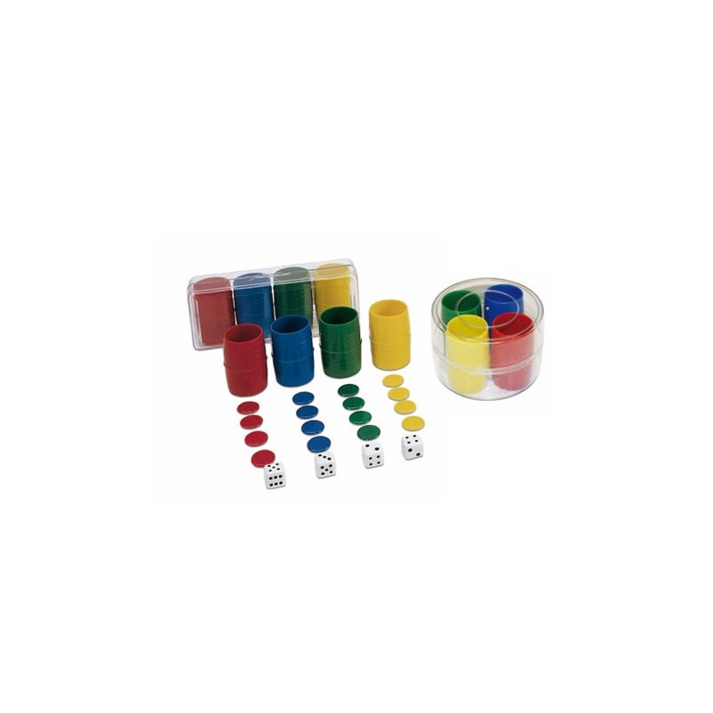 Juego de 4 cubiletes, fichas y dados de colores para Parchís y oca —  Playfunstore